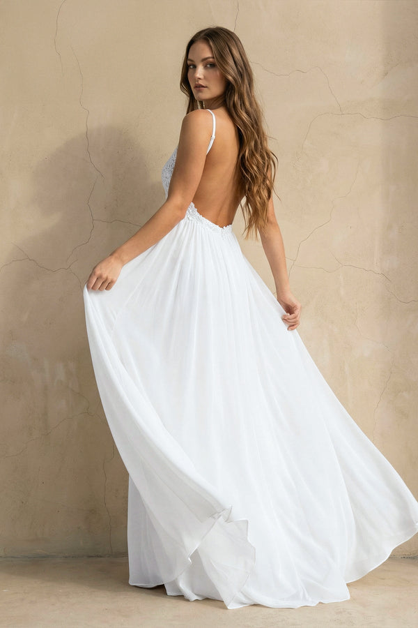 A Line Spaghetti Chiffon Lace Sleeveless Wedding Dress in White - KISS BRIDAL Wedding Dresses