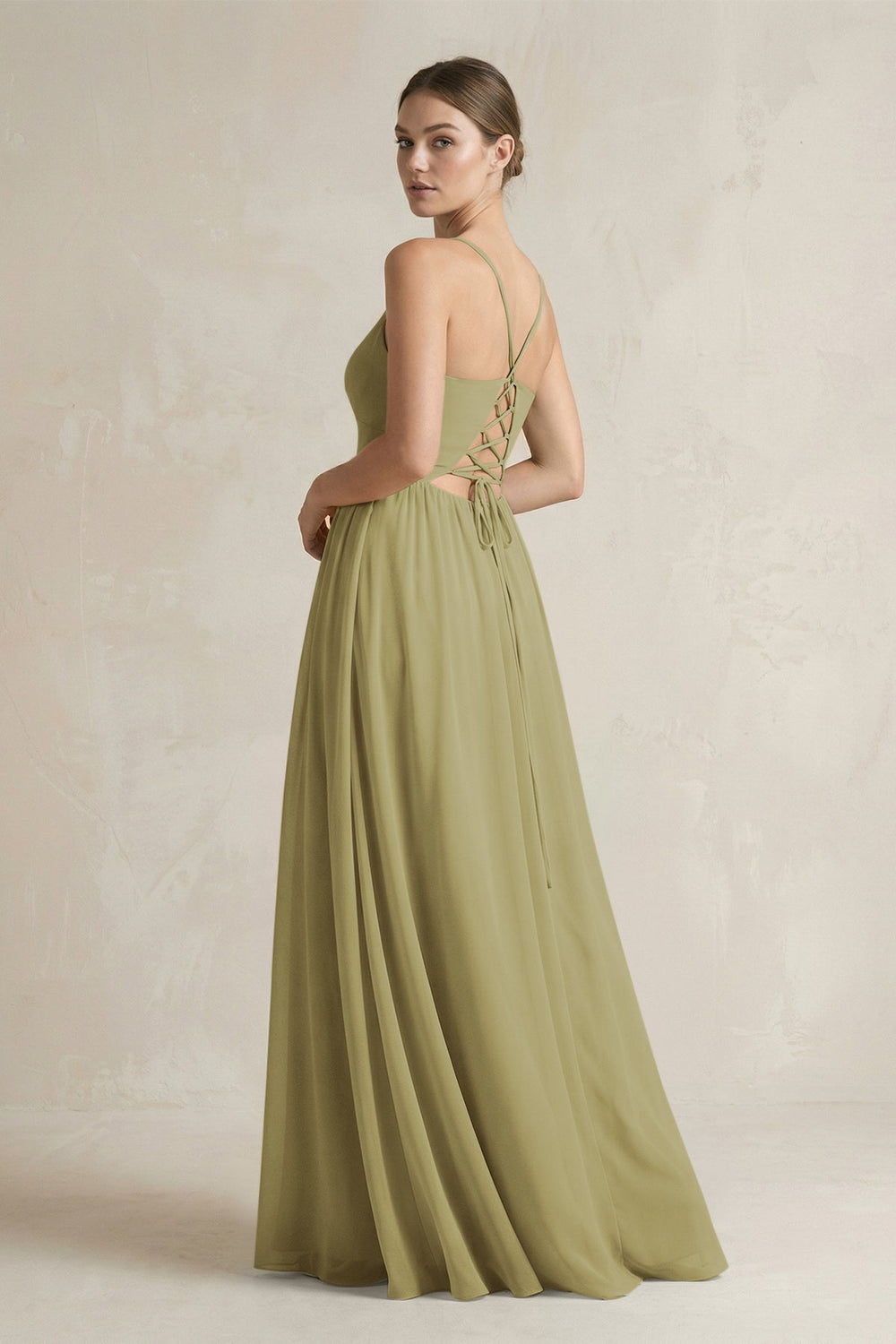 A-Line Spaghetti Strap Chiffon Bridesmaid Dress in Moss Green