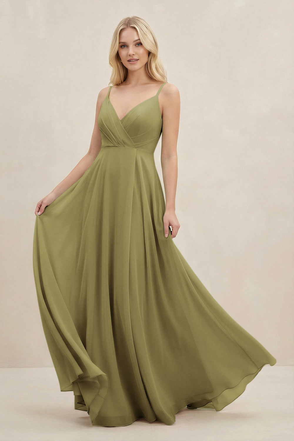 A-Line Spaghetti Strap Chiffon Bridesmaid Dress in Moss Green