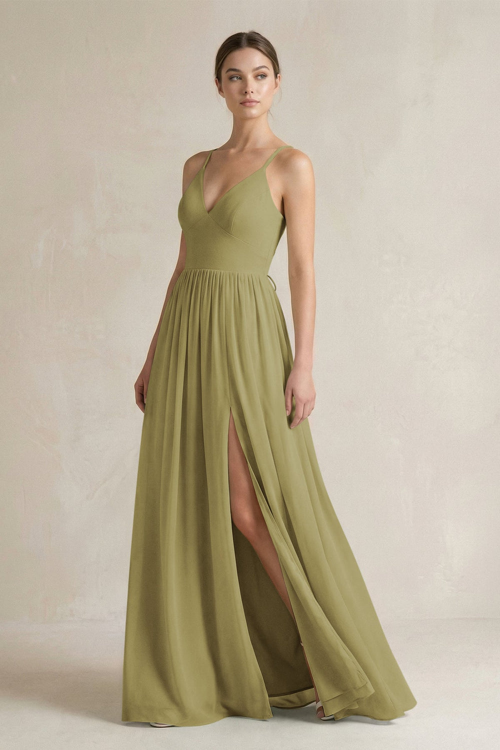 A-Line Spaghetti Strap Chiffon Bridesmaid Dress in Moss Green