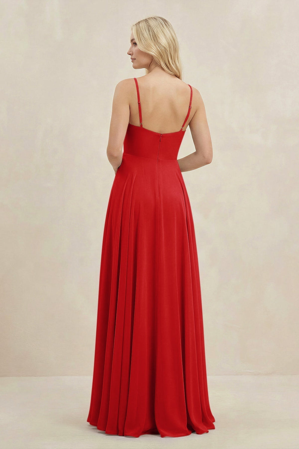 A-Line Spaghetti Strap Chiffon Bridesmaid Dress in Ruby Red