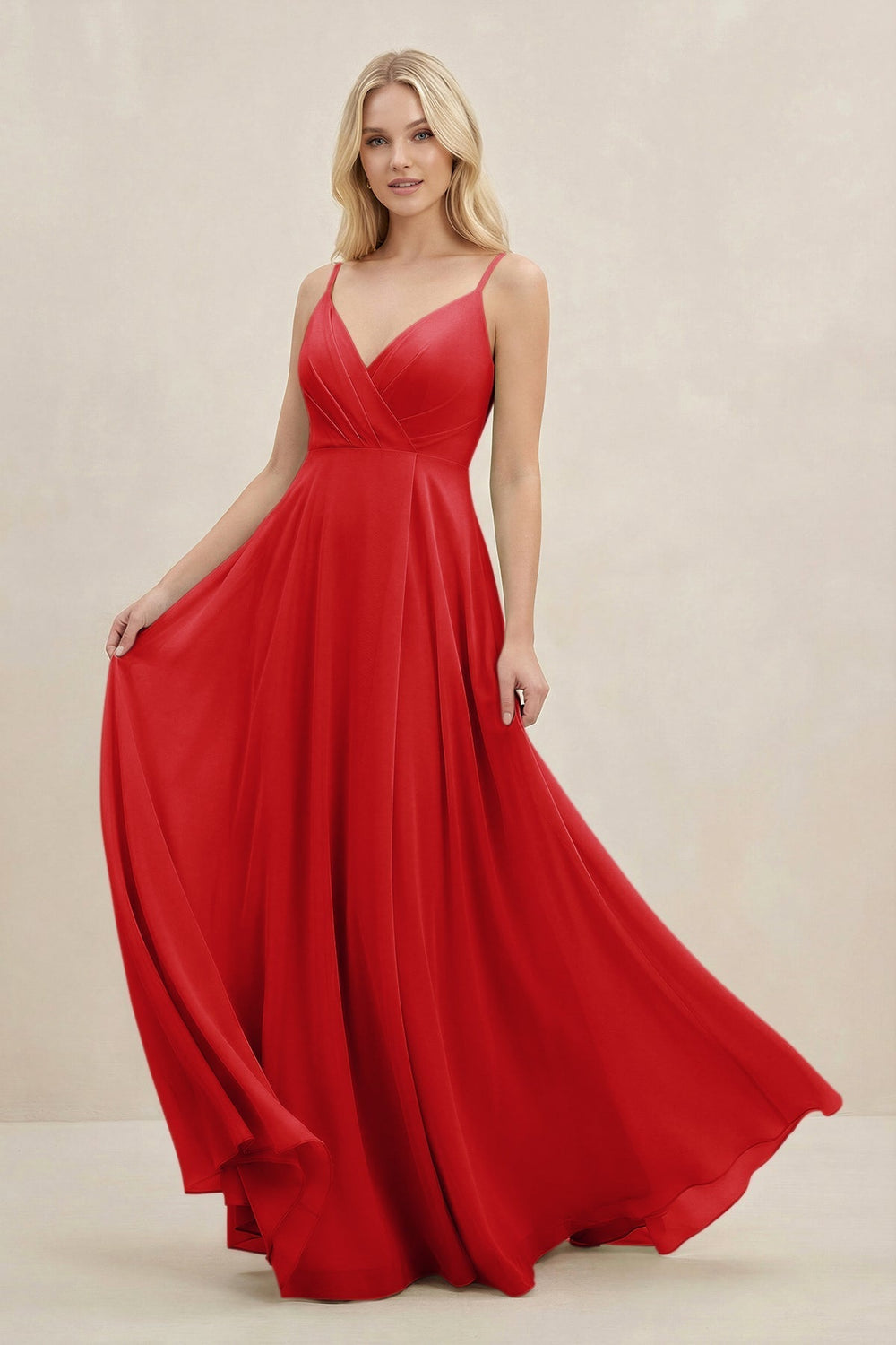 A-Line Spaghetti Strap Chiffon Bridesmaid Dress in Ruby Red