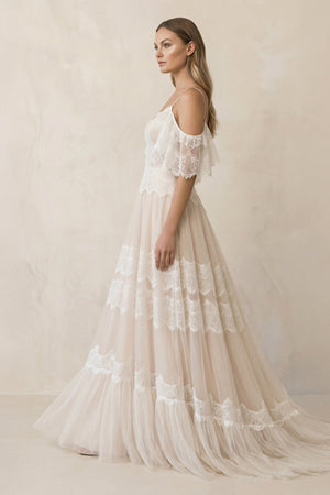 A Line Spaghetti Straps Backless Lace Wedding Dress - KISS BRIDAL Wedding Dresses