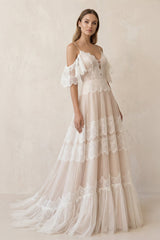A Line Spaghetti Straps Backless Lace Wedding Dress - KISS BRIDAL Wedding Dresses