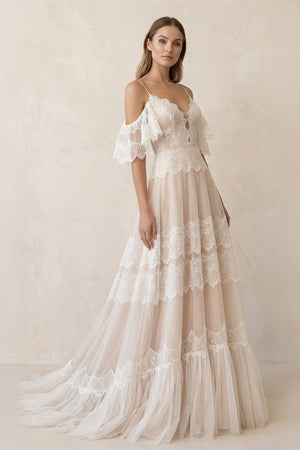A Line Spaghetti Straps Backless Lace Wedding Dress - KISS BRIDAL Wedding Dresses