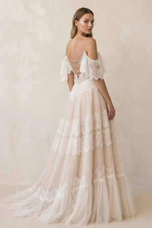 A Line Spaghetti Straps Backless Lace Wedding Dress - KISS BRIDAL Wedding Dresses