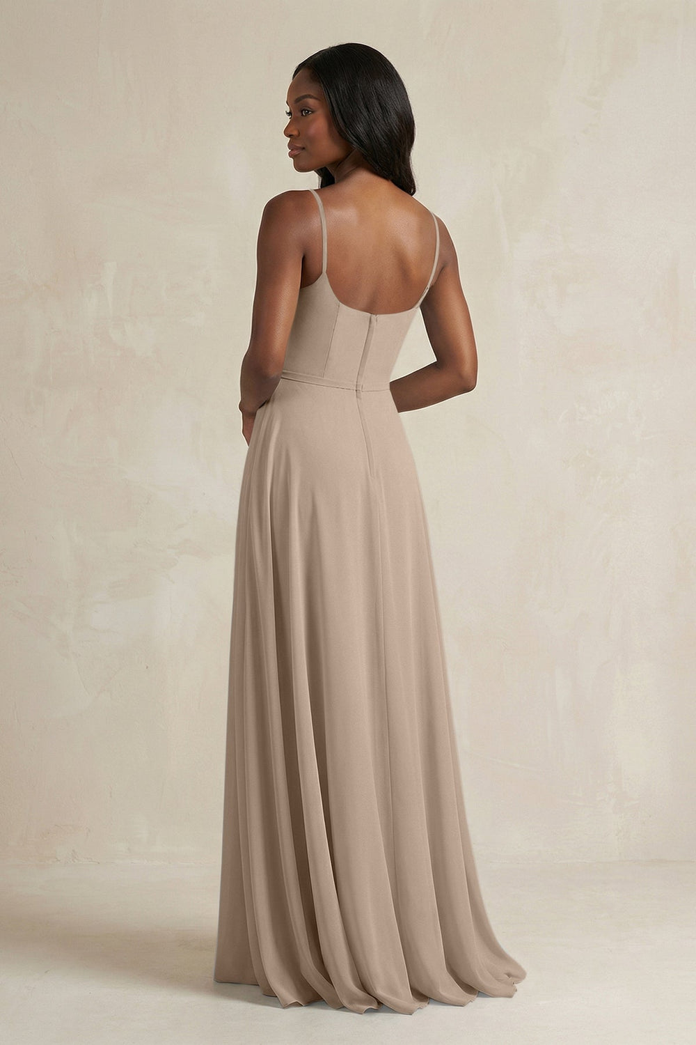 A-Line Spaghetti Straps Chiffon Bridesmaid Dress in Almond