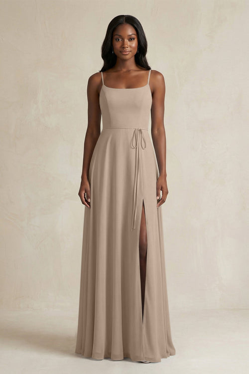 A-Line Spaghetti Straps Chiffon Bridesmaid Dress in Almond | KISSBRIDAL