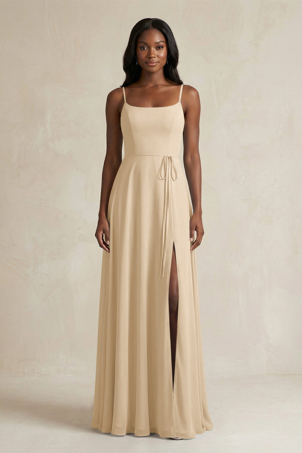 A-Line Spaghetti Straps Chiffon Bridesmaid Dress in Champagne