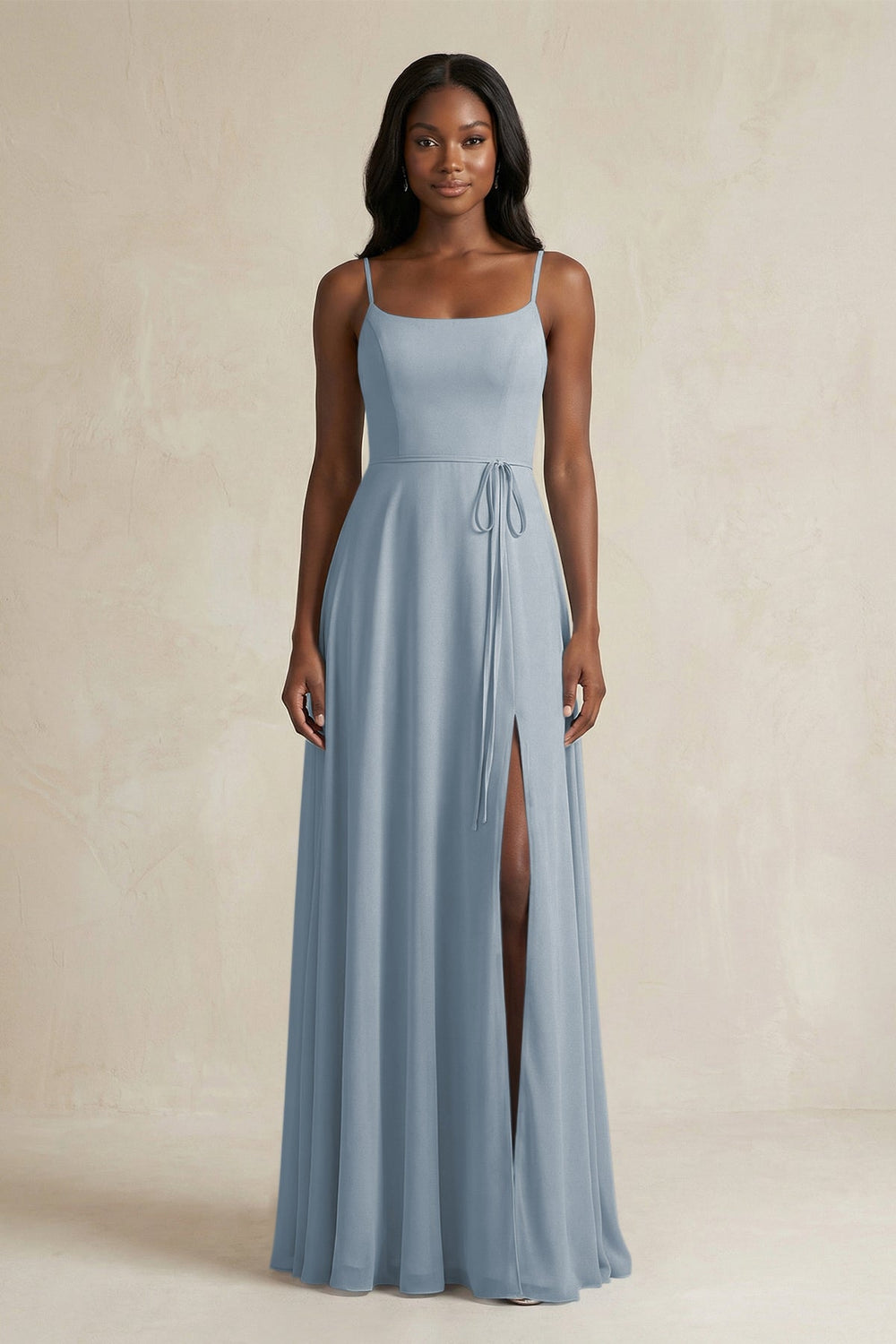 A-Line Spaghetti Straps Chiffon Bridesmaid Dress in Dusty Blue