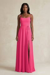 A-Line Spaghetti Straps Chiffon Bridesmaid Dress in Fuchsia | KISSBRIDAL