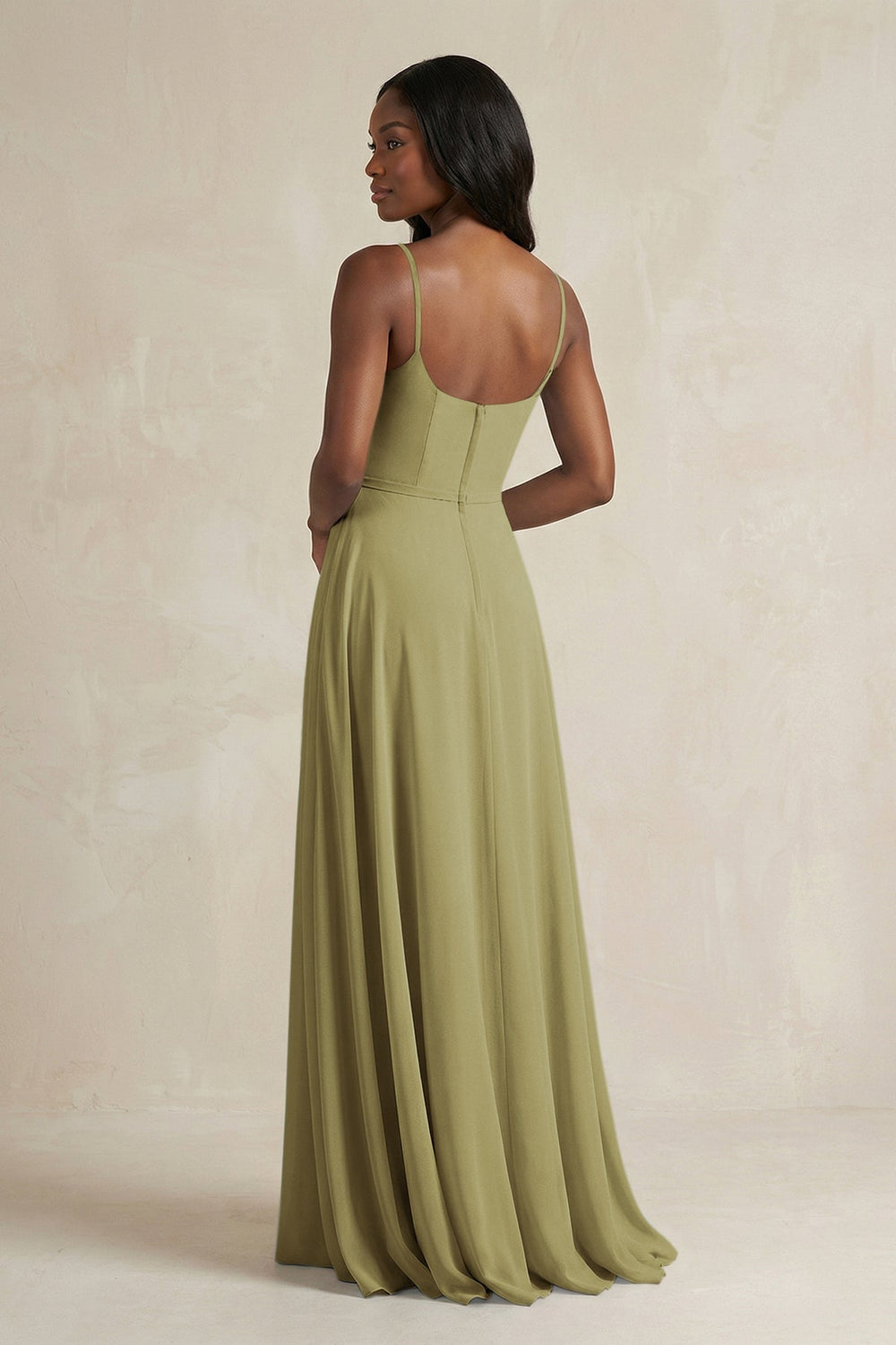 A-Line Spaghetti Straps Chiffon Bridesmaid Dress in Moss Green