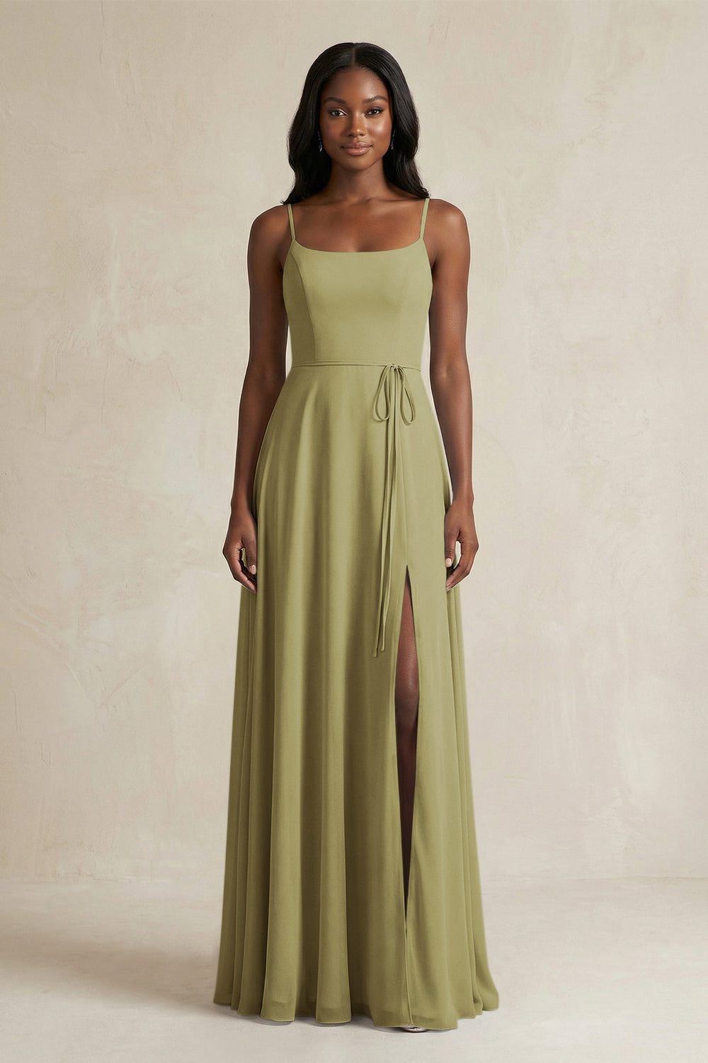 A-Line Spaghetti Straps Chiffon Bridesmaid Dress in Moss Green
