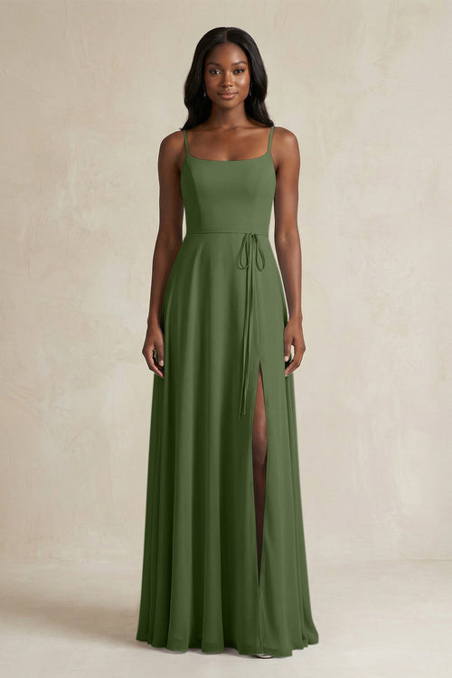 A-Line Spaghetti Straps Chiffon Bridesmaid Dress in Moss | KISSBRIDAL