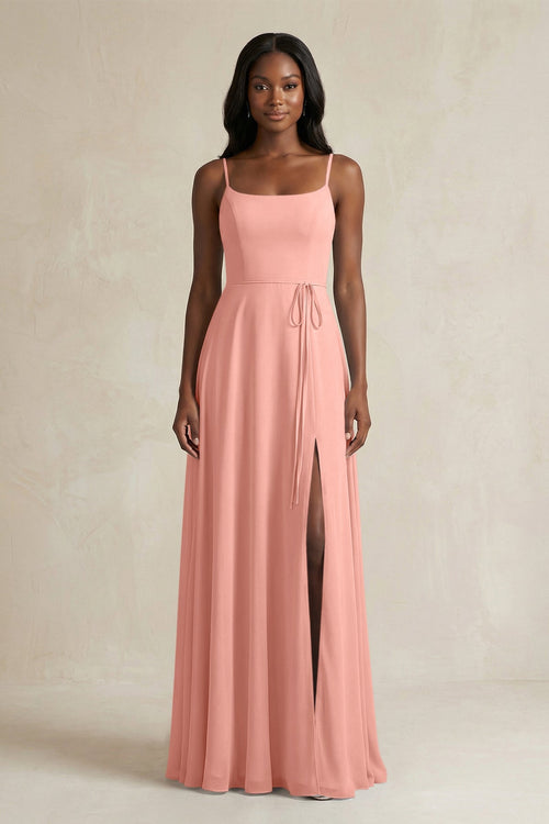 A-Line Spaghetti Straps Chiffon Bridesmaid Dress in Rosette | KISSBRIDAL