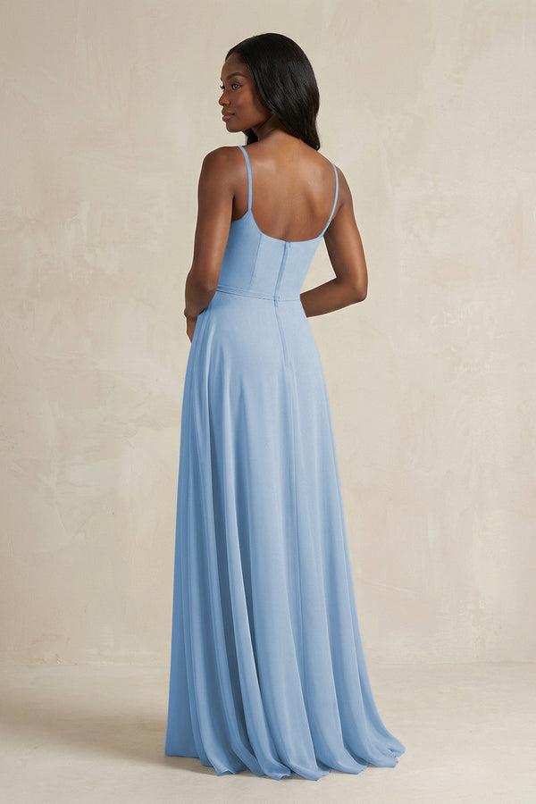A-Line Spaghetti Straps Chiffon Bridesmaid Dress in Steel Blue (2) | KISSBRIDAL