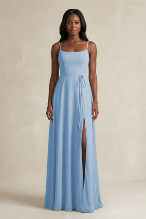 A-Line Spaghetti Straps Chiffon Bridesmaid Dress in Steel Blue | KISSBRIDAL