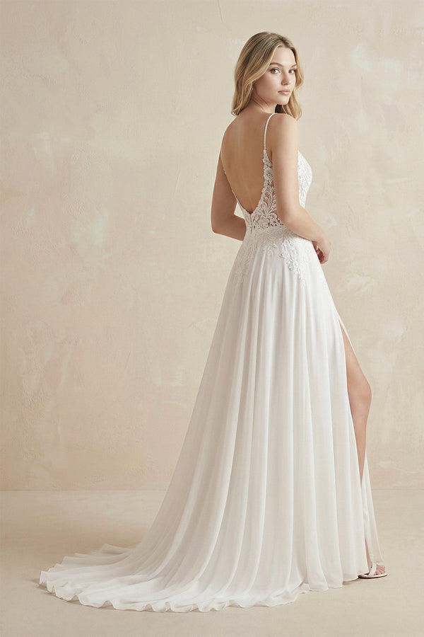 A - Line Spaghetti Straps Chiffon Wedding Dress in White - KISS BRIDAL Wedding Dresses