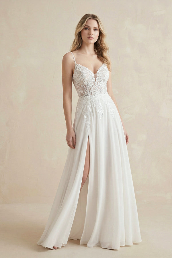 A - Line Spaghetti Straps Chiffon Wedding Dress in White - KISS BRIDAL Wedding Dresses