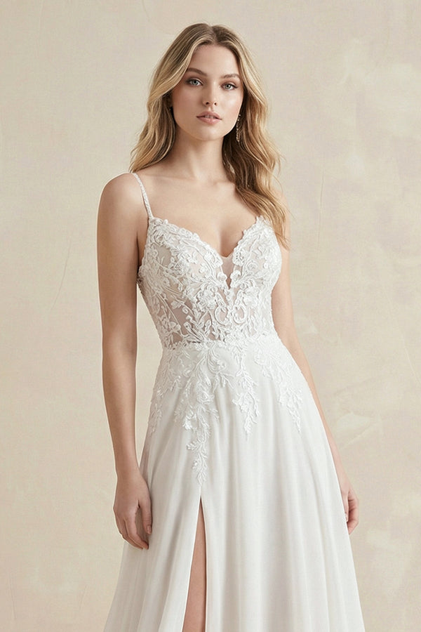 A - Line Spaghetti Straps Chiffon Wedding Dress in White - KISS BRIDAL Wedding Dresses