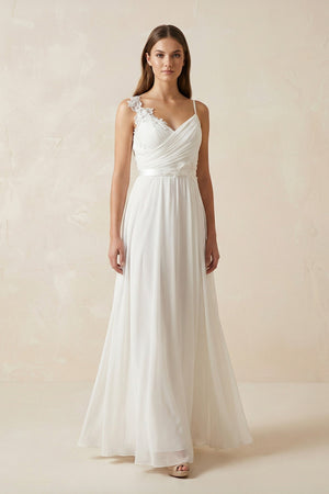 A - Line Spaghetti - Straps Chiffon Wedding Dress With Appliques in White - KISS BRIDAL Wedding Dresses