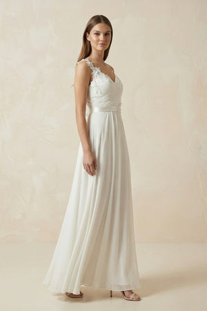 A - Line Spaghetti - Straps Chiffon Wedding Dress With Appliques in White - KISS BRIDAL Wedding Dresses