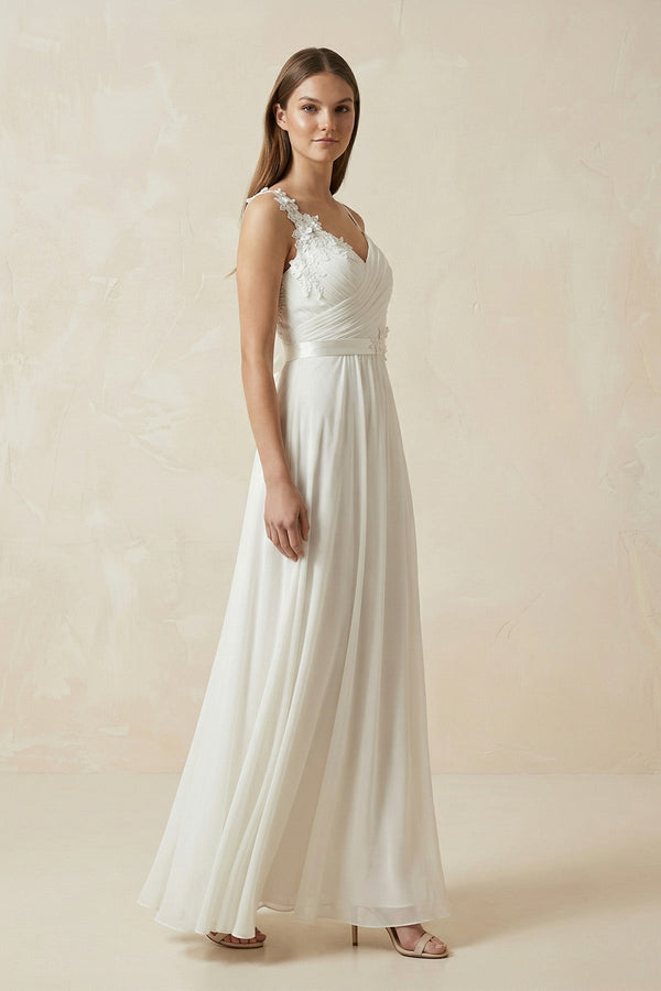 A - Line Spaghetti - Straps Chiffon Wedding Dress With Appliques in White - KISS BRIDAL Wedding Dresses