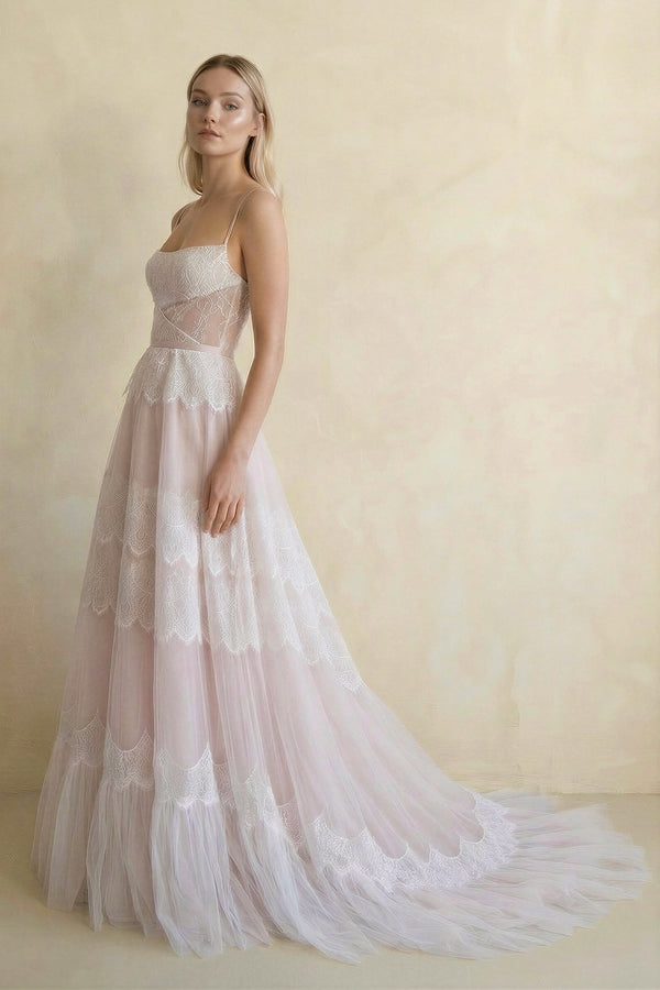 A Line Spaghetti Straps Lace Wedding Dress - KISS BRIDAL Wedding Dresses