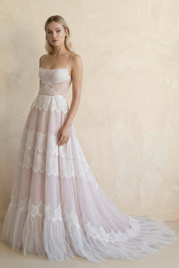 A Line Spaghetti Straps Lace Wedding Dress - KISS BRIDAL Wedding Dresses