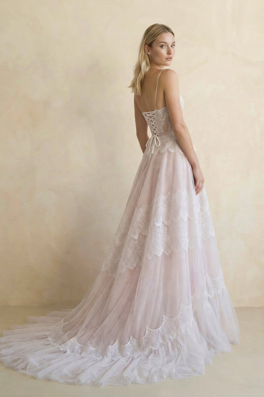 A Line Spaghetti Straps Lace Wedding Dress