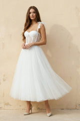 A Line Spaghetti Straps Tulle Wedding Dress in White - KISS BRIDAL Wedding Dresses