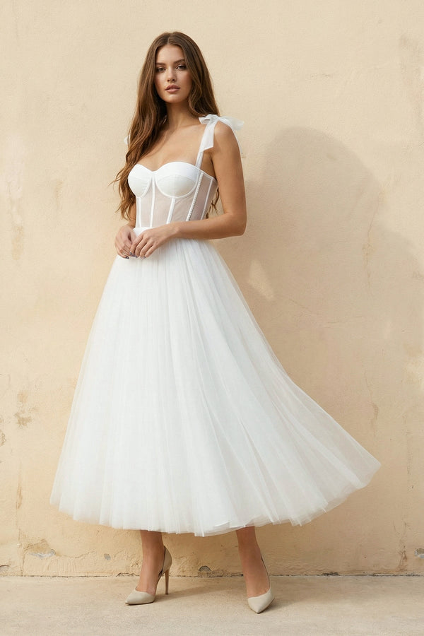 A Line Spaghetti Straps Tulle Wedding Dress in White - KISS BRIDAL Wedding Dresses