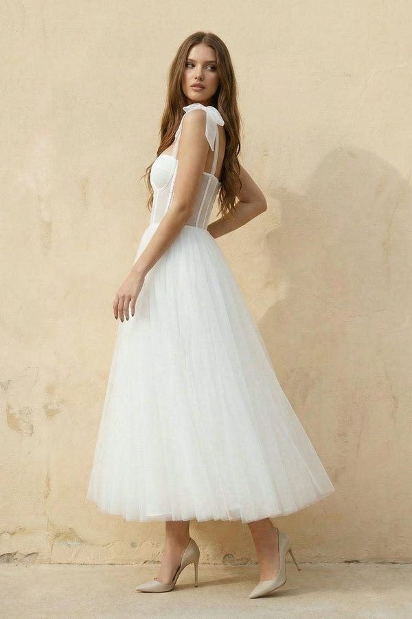 A Line Spaghetti Straps Tulle Wedding Dress in White - KISS BRIDAL Wedding Dresses