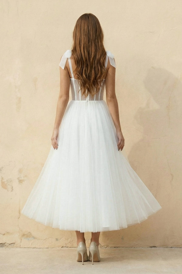 A Line Spaghetti Straps Tulle Wedding Dress in White - KISS BRIDAL Wedding Dresses