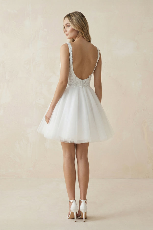 A Line Spaghetti Straps Tulle Wedding Dress With Appliques in White - KISS BRIDAL Wedding Dresses