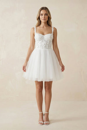 A Line Spaghetti Straps Tulle Wedding Dress With Appliques in White - KISS BRIDAL Wedding Dresses