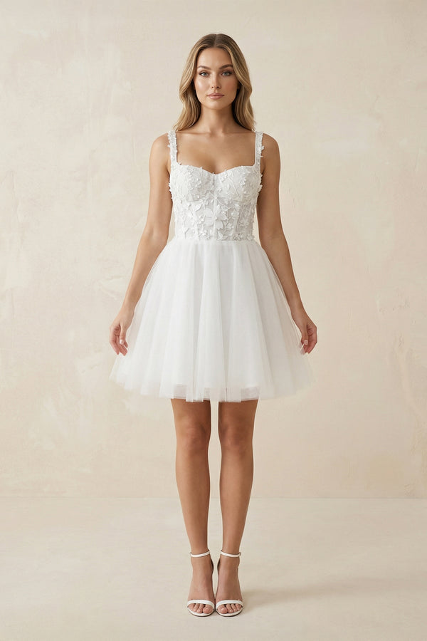 A Line Spaghetti Straps Tulle Wedding Dress With Appliques in White - KISS BRIDAL Wedding Dresses