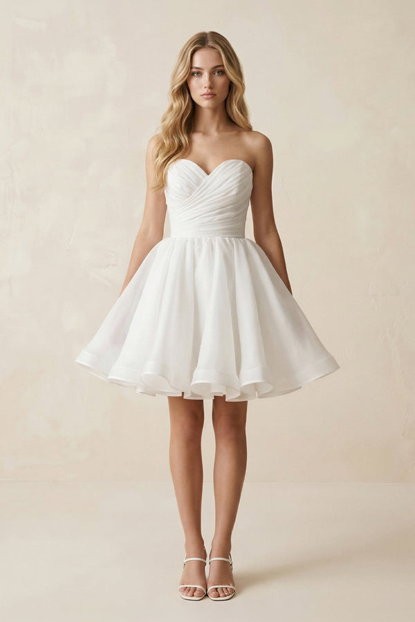 A - Line Strapless Pleated Organza Wedding Dress in White - KISS BRIDAL Wedding Dresses