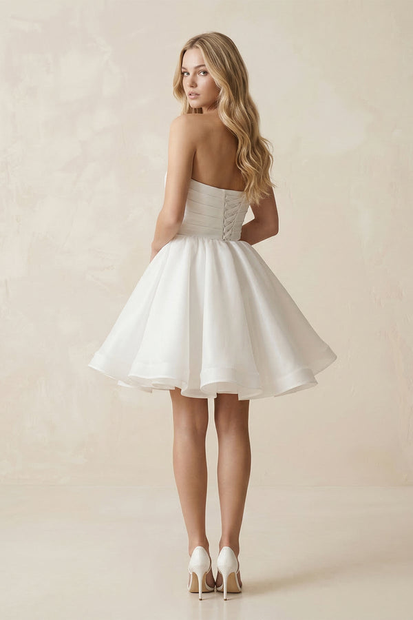 A - Line Strapless Pleated Organza Wedding Dress in White - KISS BRIDAL Wedding Dresses