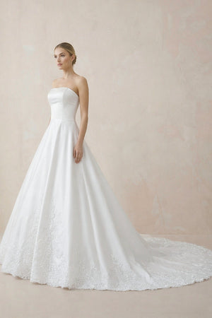 A - Line Strapless Satin Sweep Train Wedding Dresses in White - KISS BRIDAL Wedding Dresses