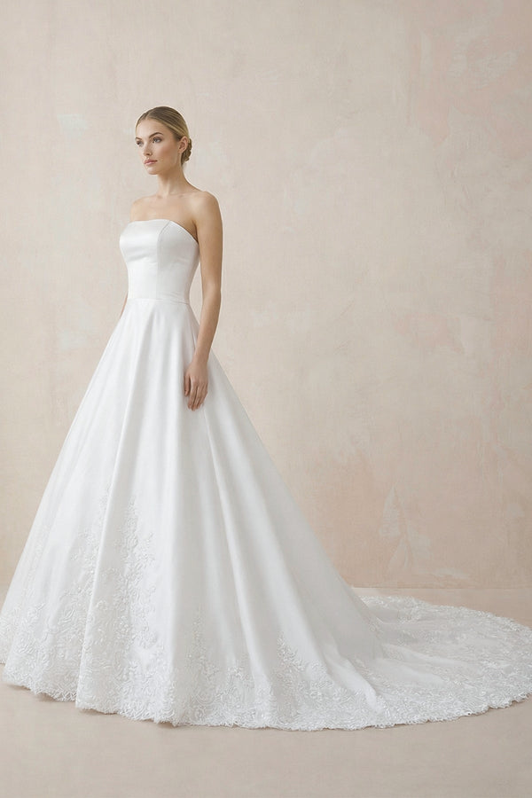 A - Line Strapless Satin Sweep Train Wedding Dresses in White - KISS BRIDAL Wedding Dresses