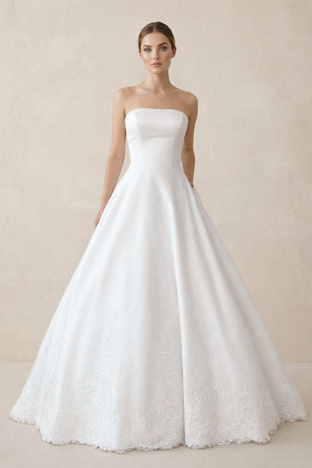 Ball-Gown Strapless Satin Wedding Dresses With Pockets in White