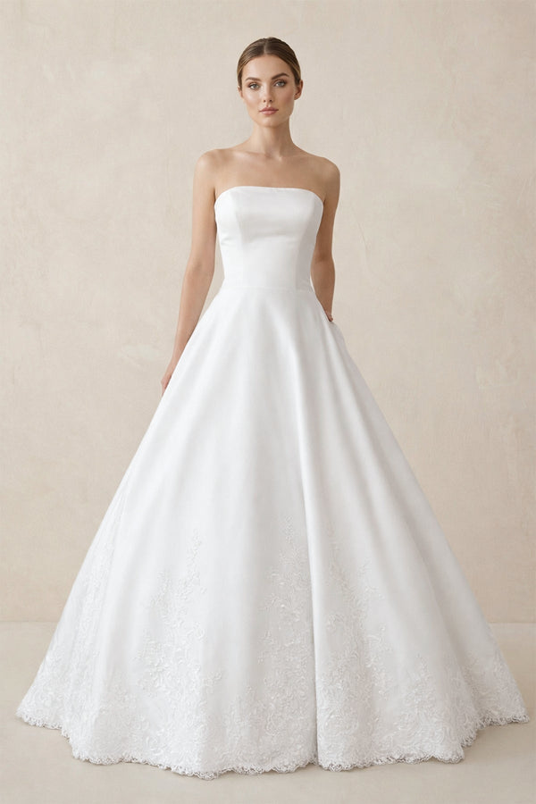 A - Line Strapless Satin Sweep Train Wedding Dresses in White - KISS BRIDAL Wedding Dresses