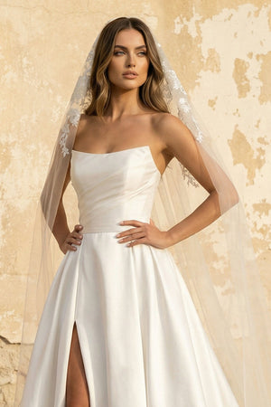 A Line Strapless Satin Wedding Dress With Slit in White - KISS BRIDAL Wedding Dresses