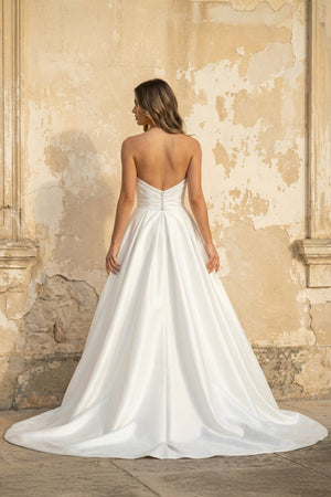 A Line Strapless Satin Wedding Dress With Slit in White - KISS BRIDAL Wedding Dresses