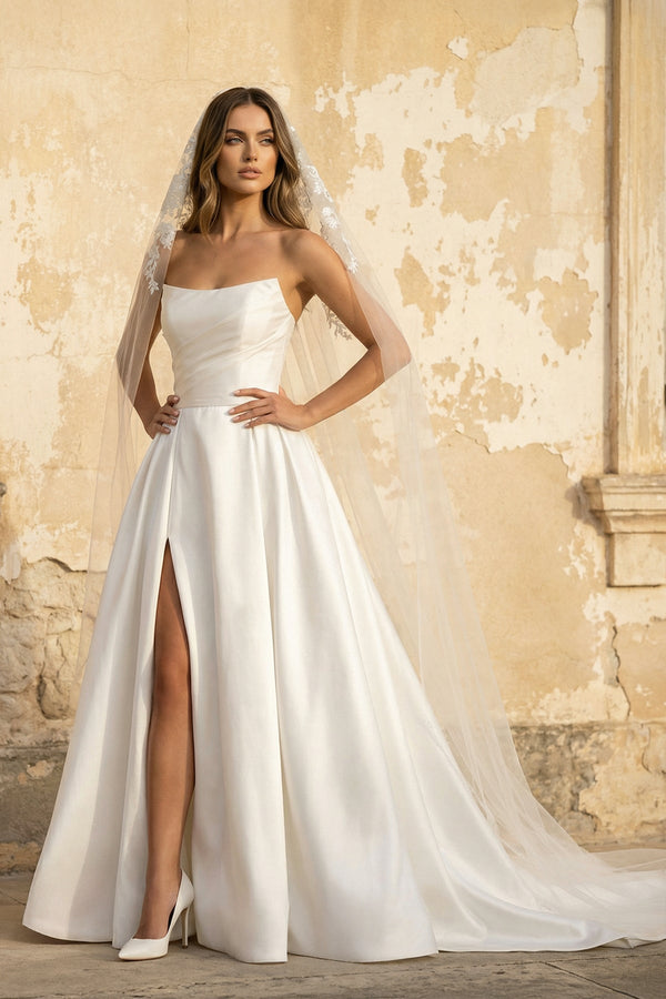 A Line Strapless Satin Wedding Dress With Slit in White - KISS BRIDAL Wedding Dresses