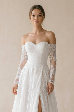 A Line Sweetheart Lace Wedding Dress With Slit in White - KISS BRIDAL Wedding Dresses