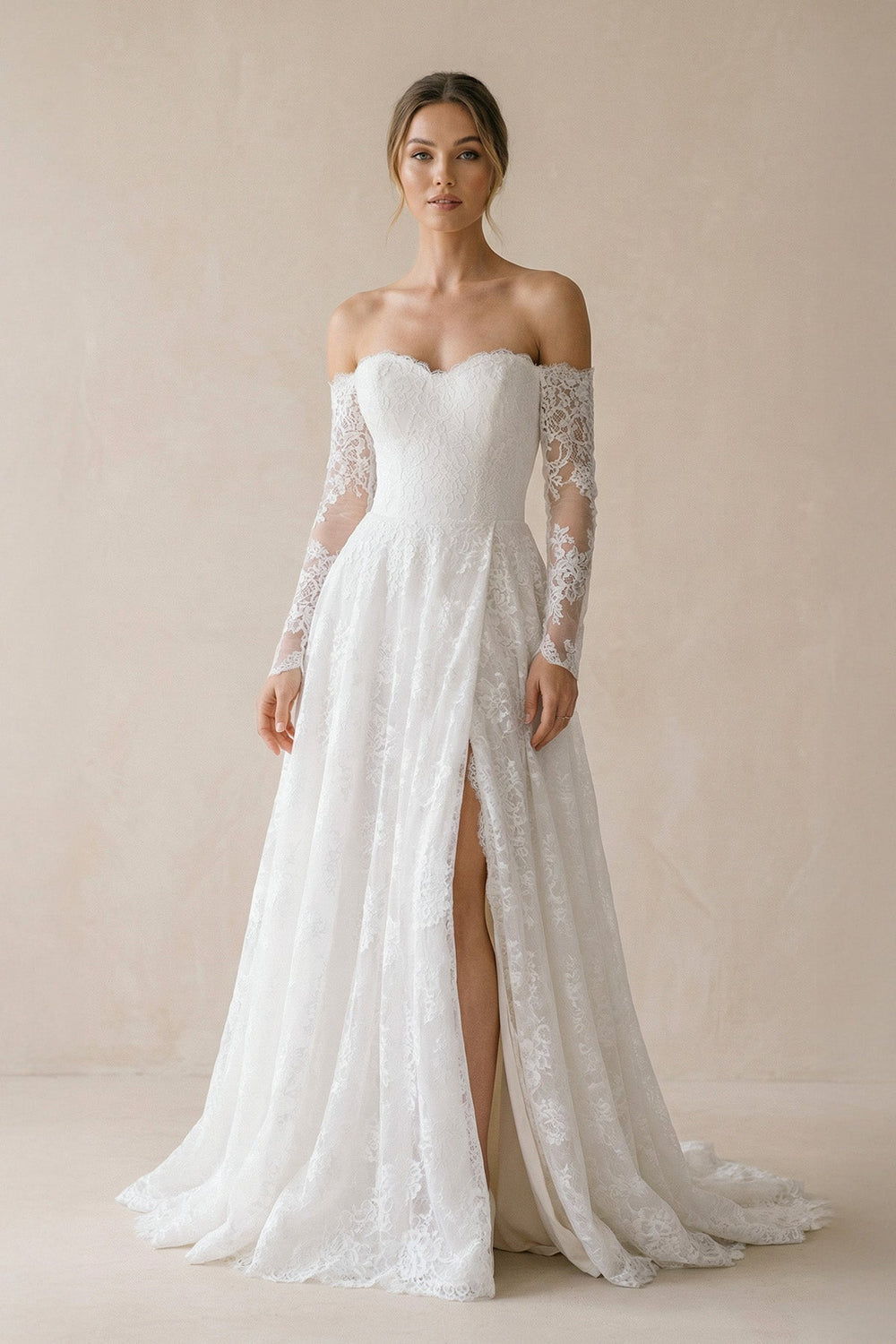 A Line Off-the-Shoulder Lace Wedding Dress With Slit in White