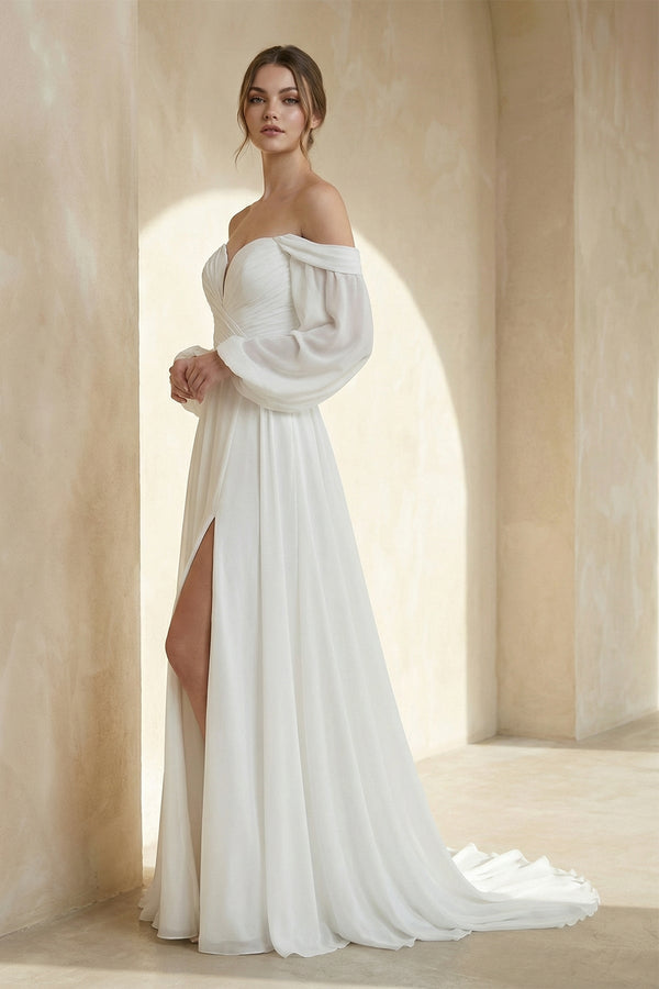 A - Line Sweetheart Long Sleeves Chiffon Wedding Dress - KISS BRIDAL Wedding Dresses