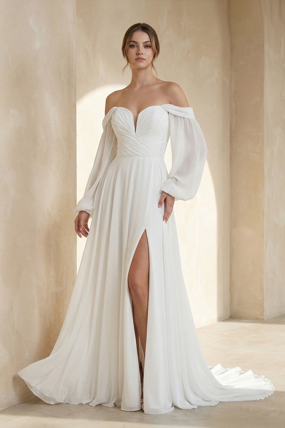 A-Line Sweetheart Long Sleeves Chiffon Wedding Dress